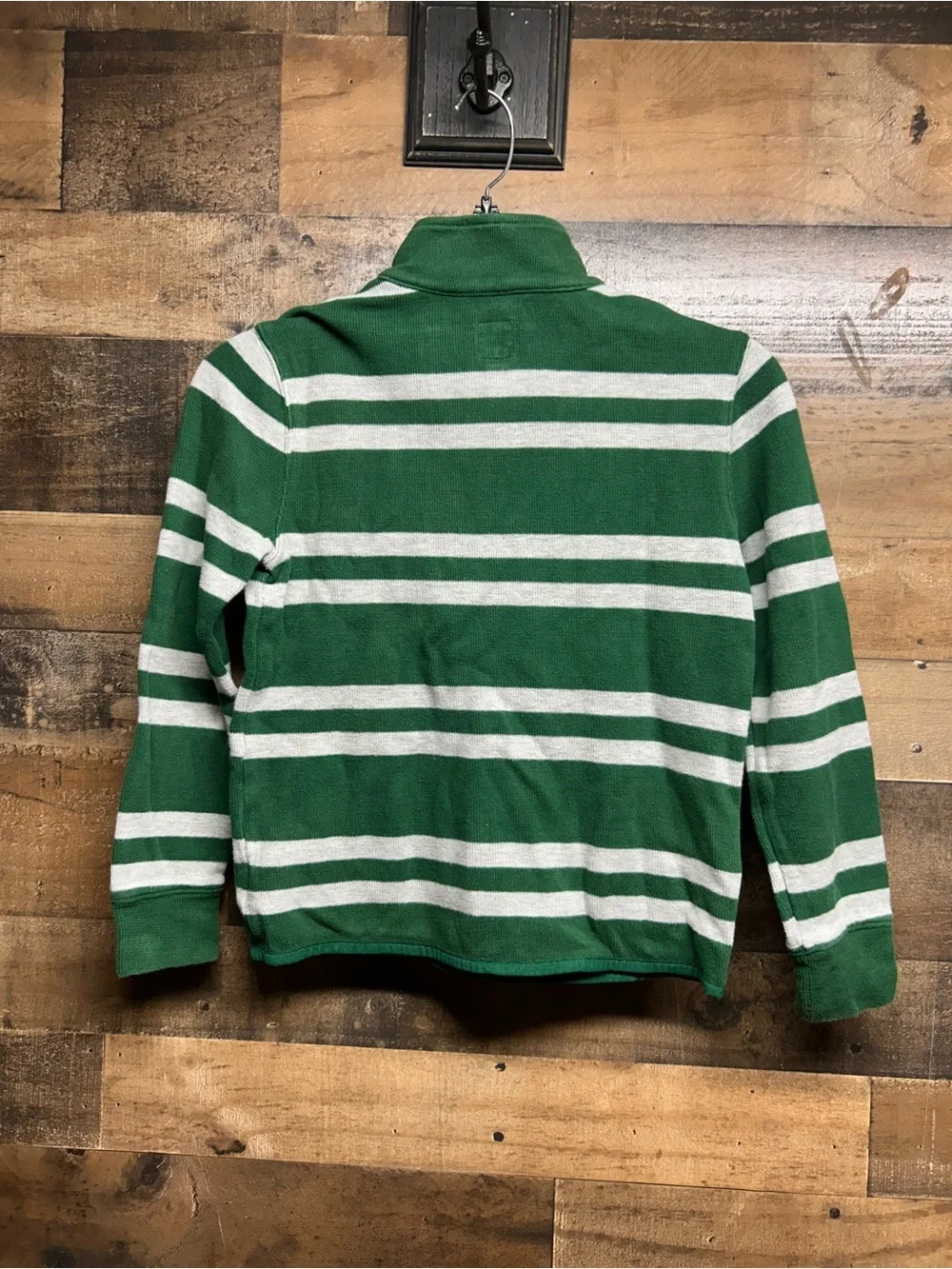GAP Men's Green and White Striped Quarter-Zip Sweater